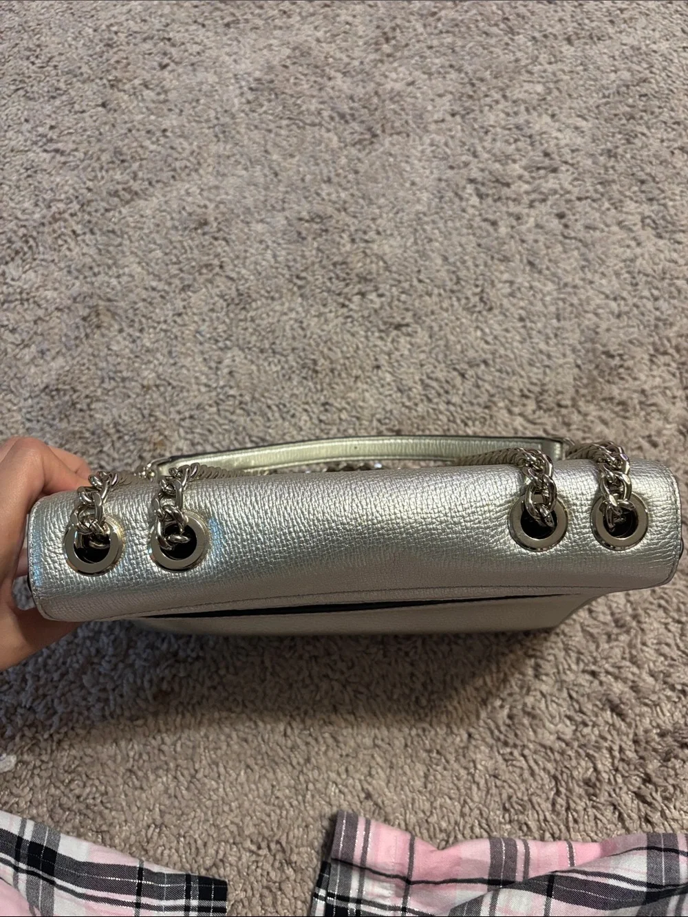 kate spade Metallic Silver Pebbled Leather Chain Shoulder Bag